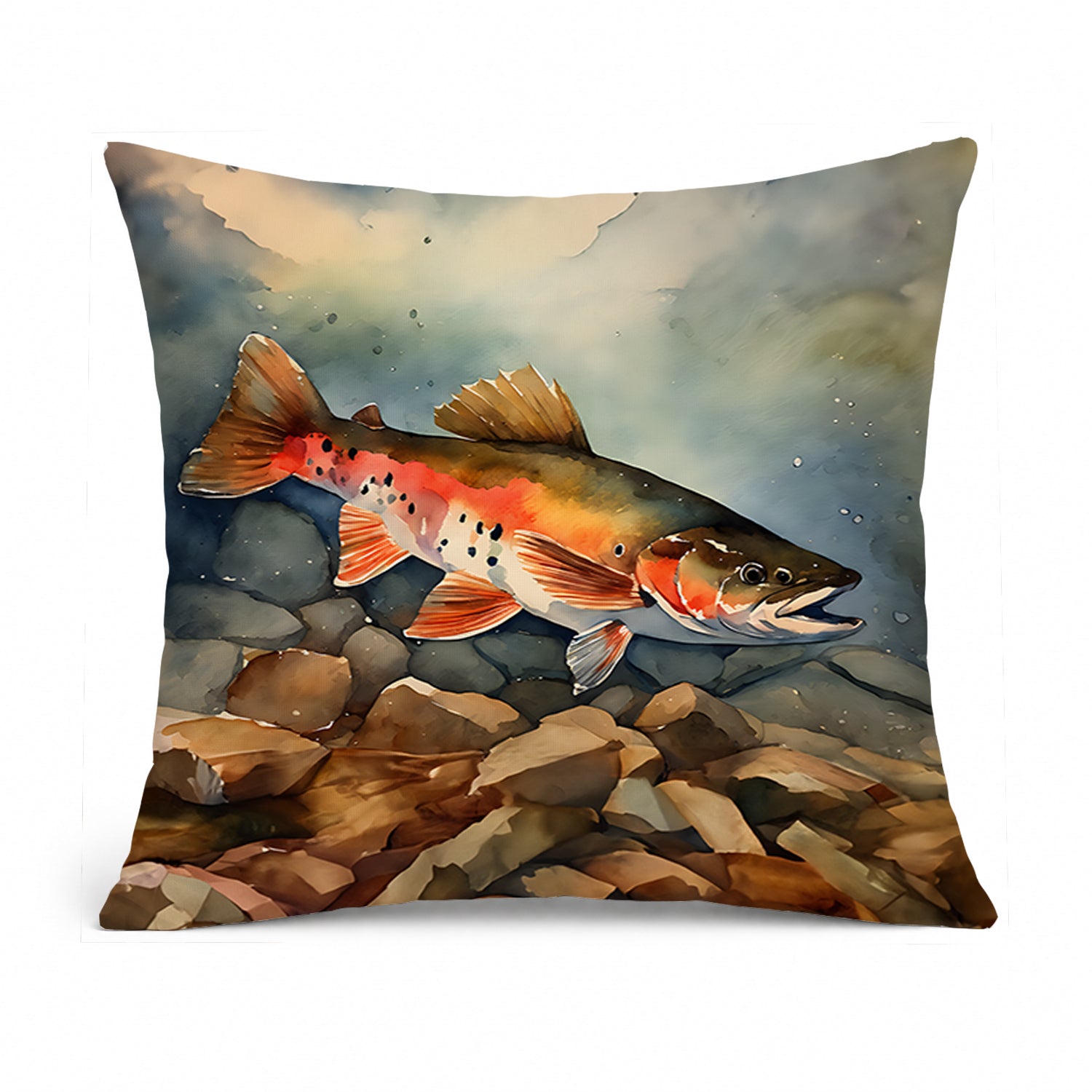Brook Trout Decorative Throw Pillow 14x14 Indoor Outdoor Accent Cushion, Fabric Cover with Insert for Sofa, Bed, Porch & Living Room