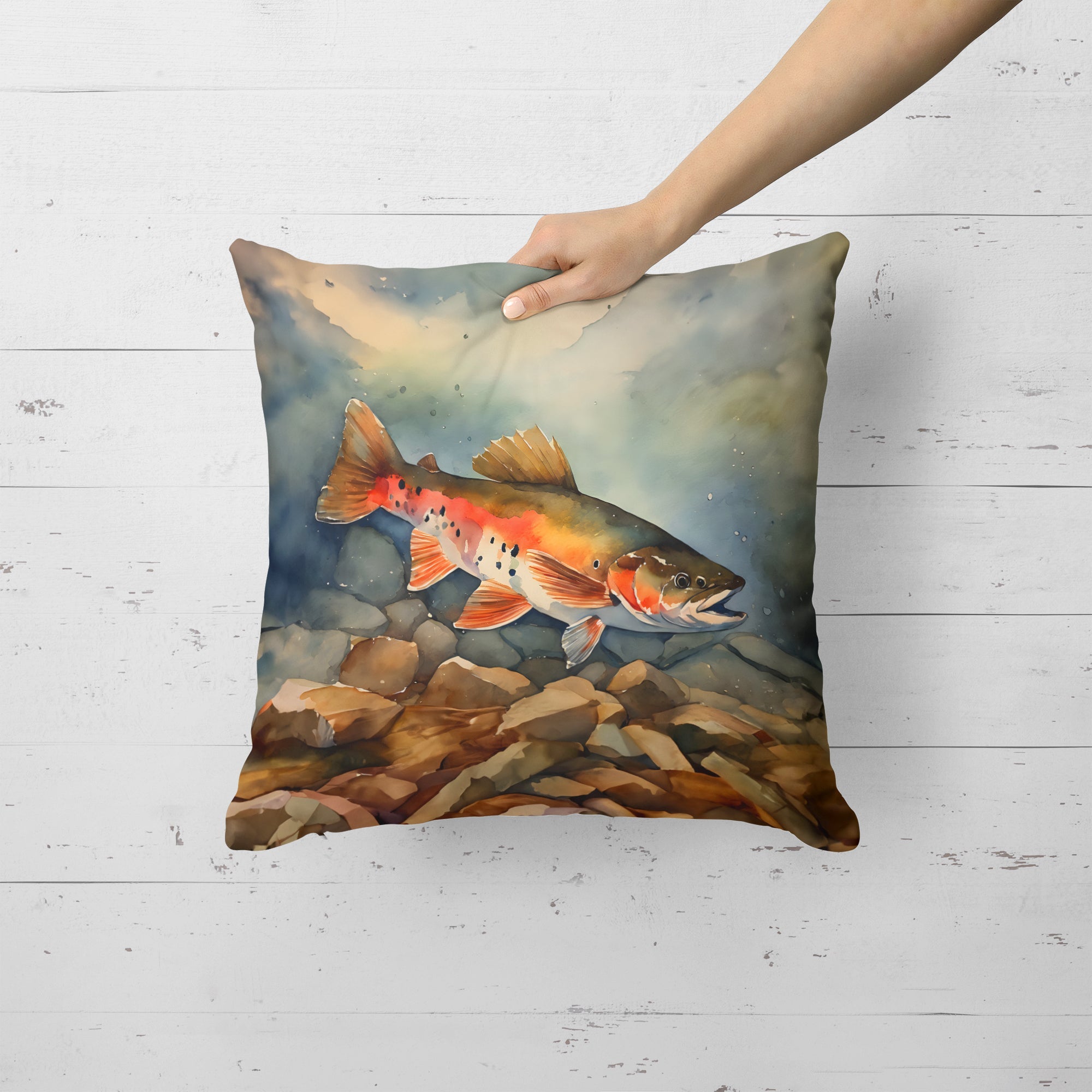 Brook Trout Decorative Throw Pillow 18x18 Indoor Outdoor Accent Cushion, Fabric Cover with Insert for Sofa, Bed, Porch & Living Room