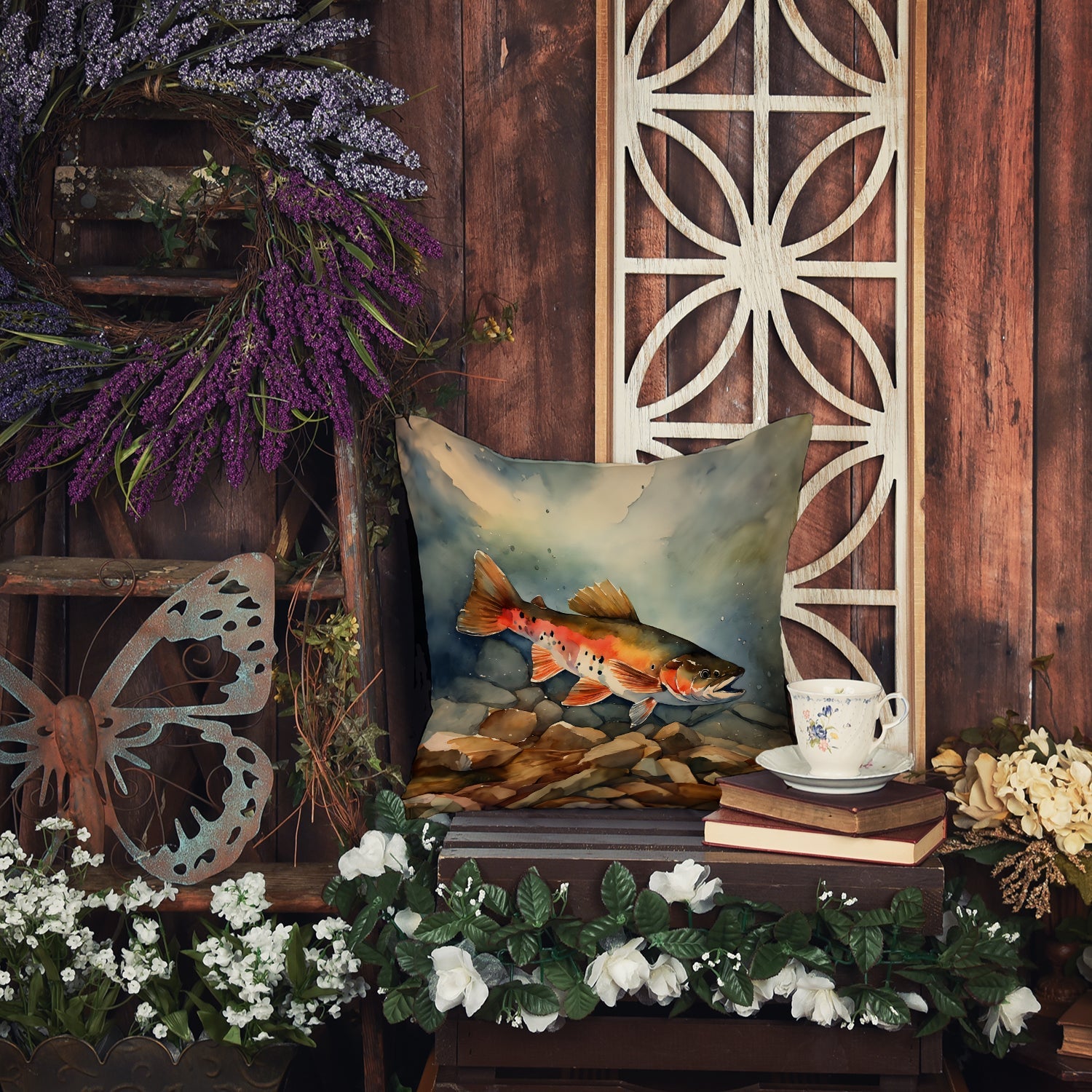 Brook Trout Decorative Throw Pillow 18x18 Indoor Outdoor Accent Cushion, Fabric Cover with Insert for Sofa, Bed, Porch & Living Room