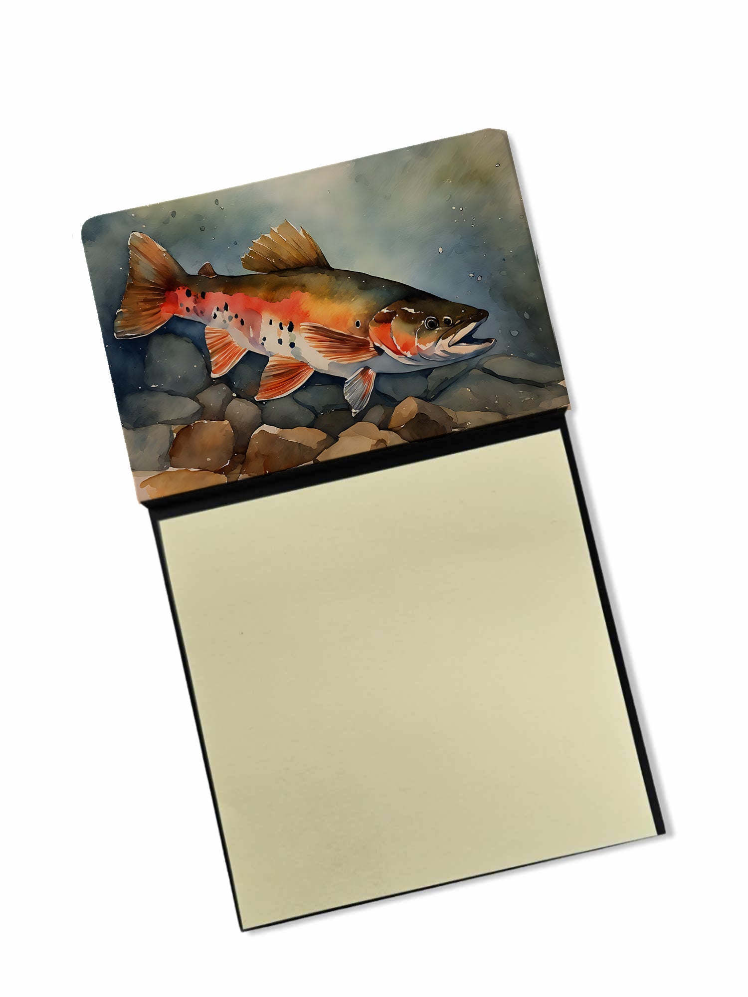 Brook Trout Watercolor Sticky Note Holder Refillable Dispenser Desk Accessory 3x3 Pad Gift