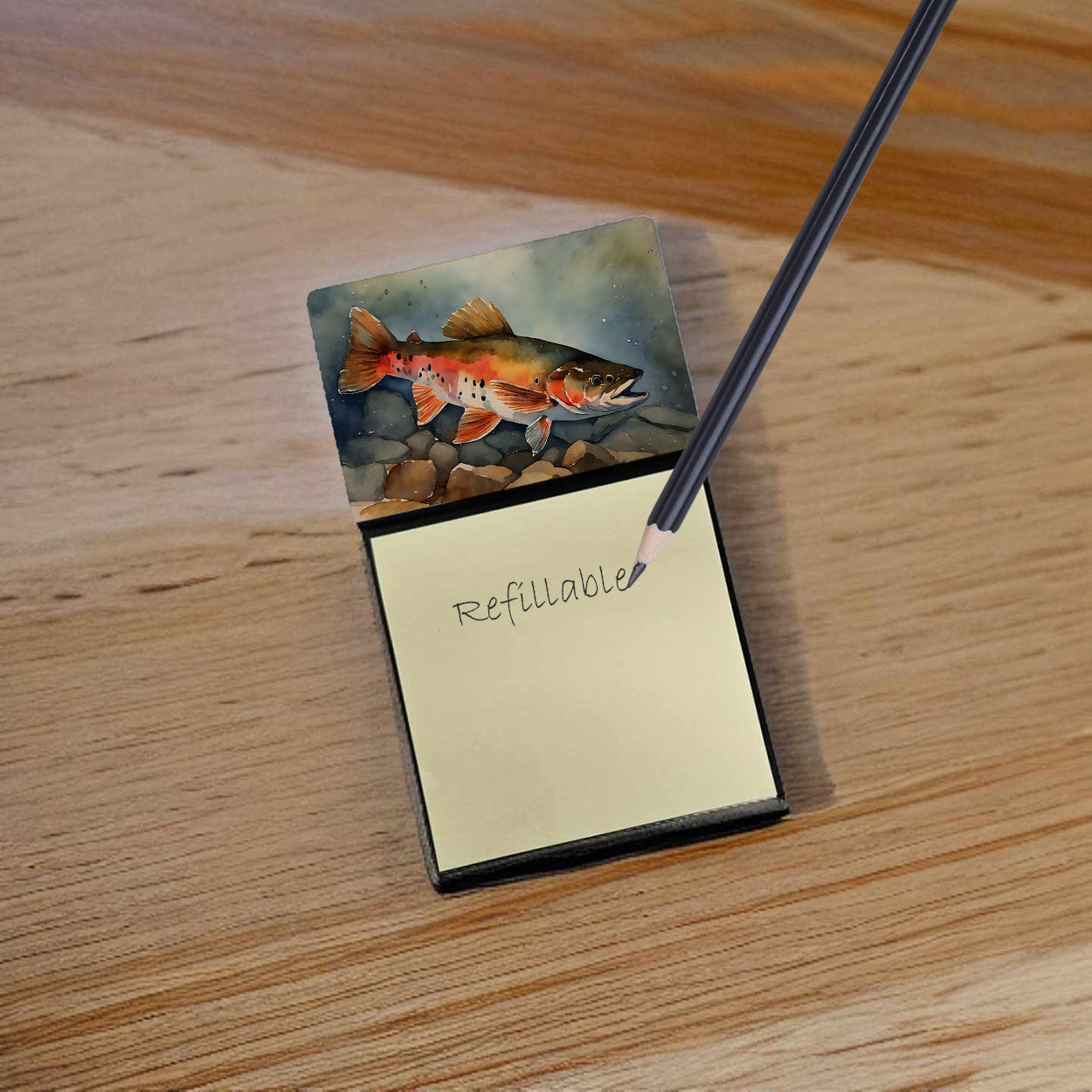 Brook Trout Watercolor Sticky Note Holder Refillable Dispenser Desk Accessory 3x3 Pad Gift