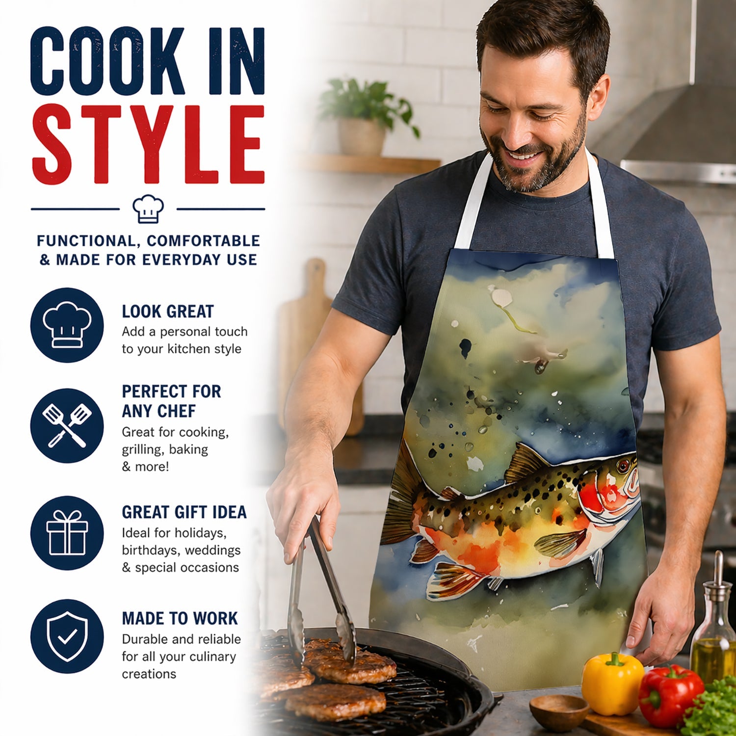 Brook Trout Apron Cooking Kitchen Server Baking Crafts Gardening for Adult Women Men, Unisex, Large, Multicolor