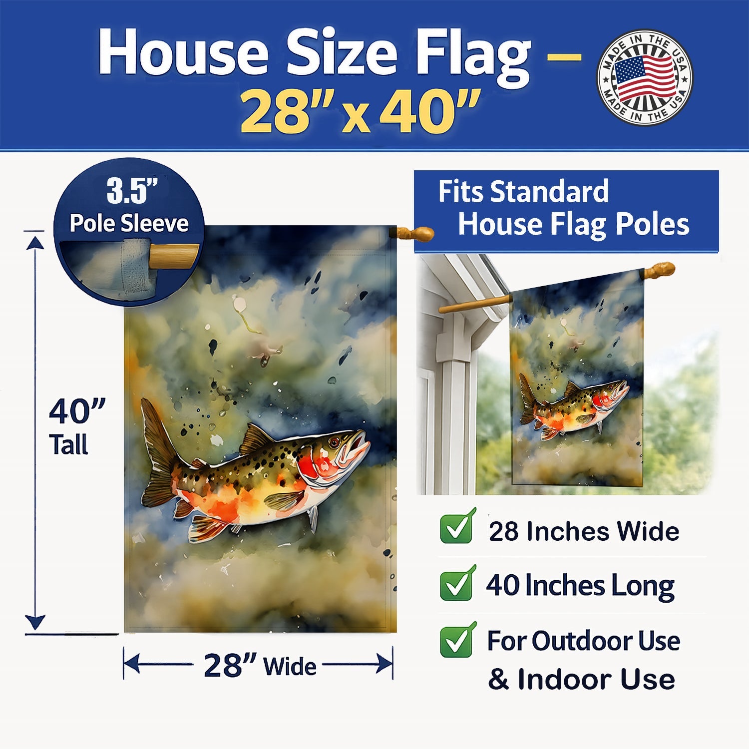 Brook Trout House Flag 28x40 Porch Sleeve Pole Decorative Outside Yard Banner Artwork Wall Hanging, Polyester