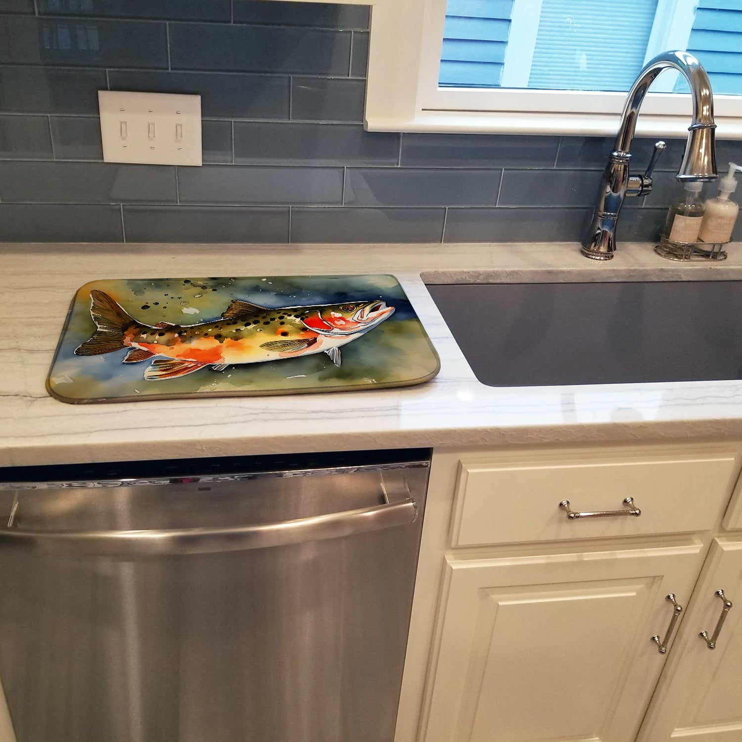 Brook Trout Dish Drying Mat Absorbent Dish Drying Mat Pad for Kitchen Counter Dish Drainer Mat for Countertop, 14 x 21", Multicolor