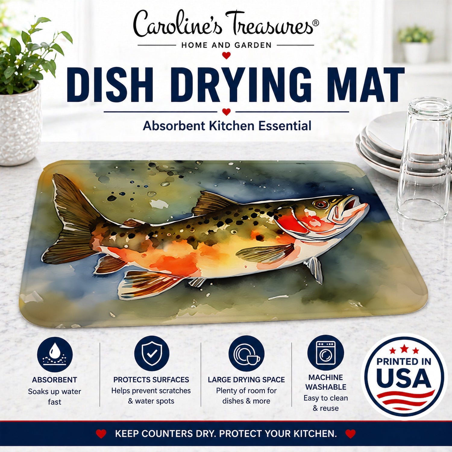 Brook Trout Dish Drying Mat Absorbent Dish Drying Mat Pad for Kitchen Counter Dish Drainer Mat for Countertop, 14 x 21", Multicolor