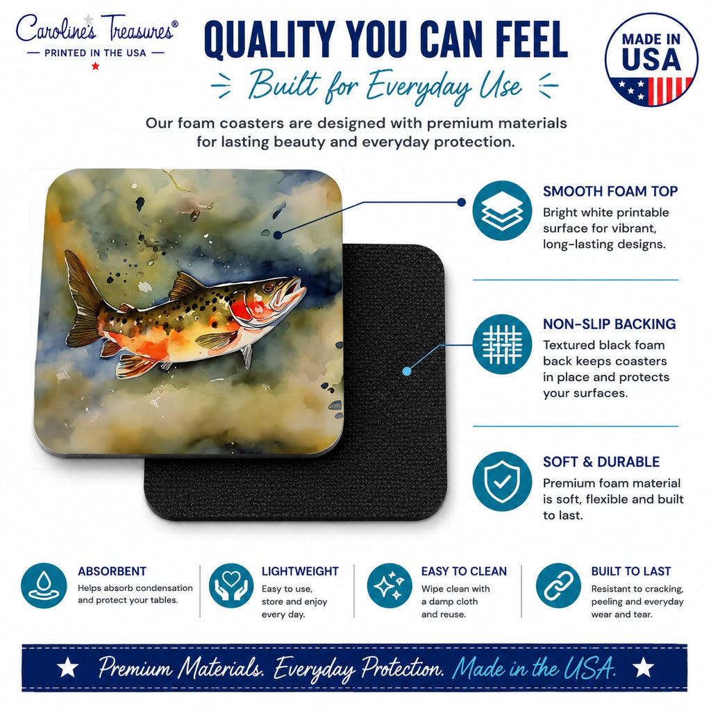 Brook Trout Foam Coasters Set of 4 Cup Coasters for Indoor Outdoor, Tabletop Protection, Anti Slip, Mouse pad Material