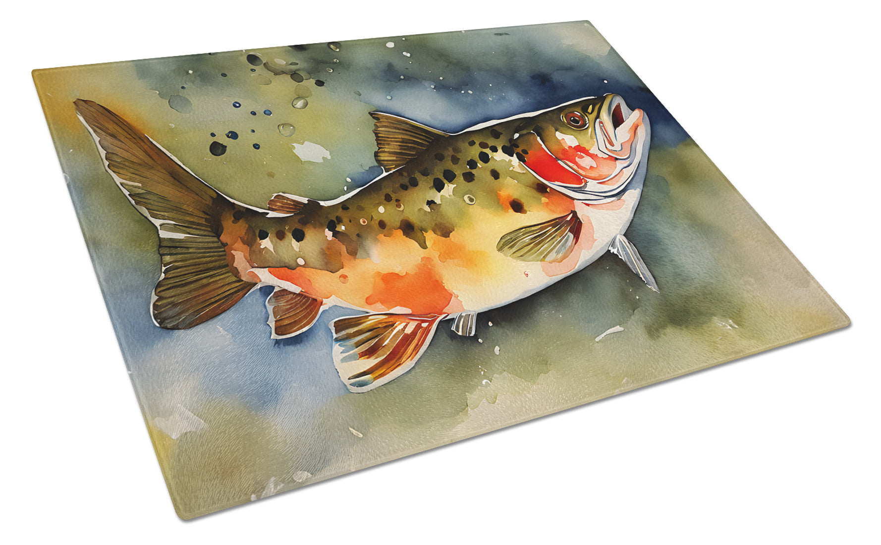 Brook Trout Cutting Board Tempered Glass Kitchen Cutting Surface, Heat Resistant Chopping, Non-Slip Feet, Food Prep & Serving