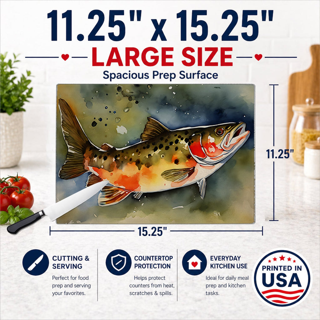 Brook Trout Cutting Board Tempered Glass Kitchen Cutting Surface, Heat Resistant Chopping, Non-Slip Feet, Food Prep & Serving