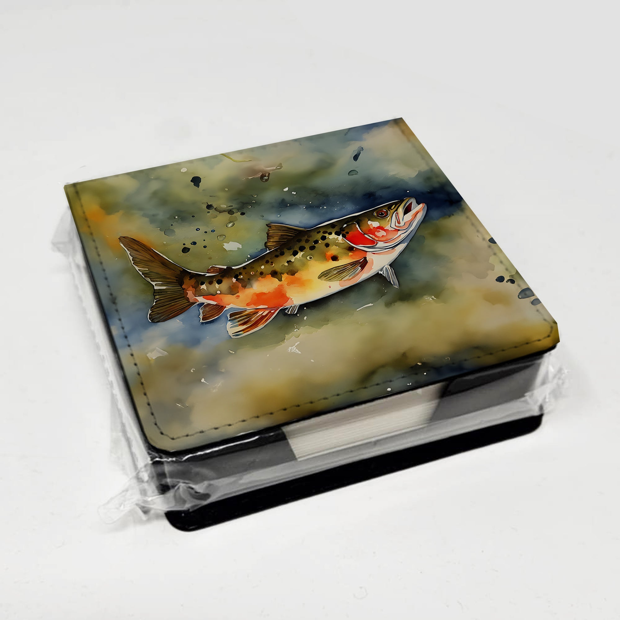 Brook Trout PU Leather Note Paper Holder with Artist-Designed Cover, Desk Accessory, Office Gift