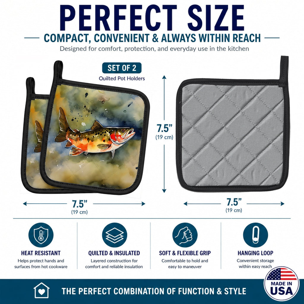 Brook Trout Pot Holder Set of 2 Heat Resistant Quilted Hot Pads 7.5 x 7.5 Inch, Insulated Kitchen Trivets for Cooking & Baking