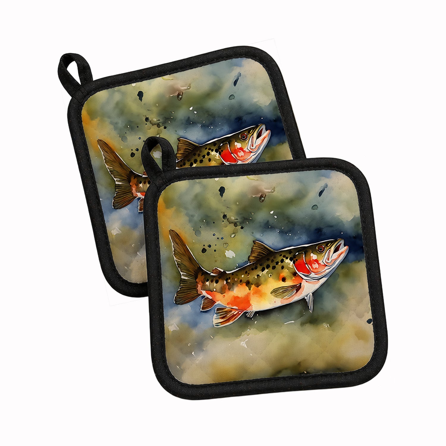 Brook Trout Pot Holder Set of 2 Heat Resistant Quilted Hot Pads 7.5 x 7.5 Inch, Insulated Kitchen Trivets for Cooking & Baking