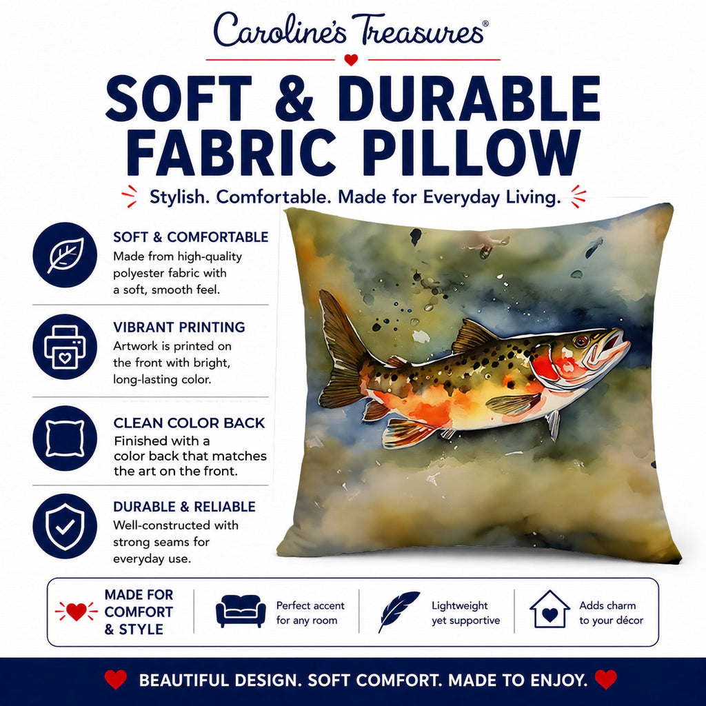 Brook Trout Decorative Throw Pillow 14x14 Indoor Outdoor Accent Cushion, Fabric Cover with Insert for Sofa, Bed, Porch & Living Room