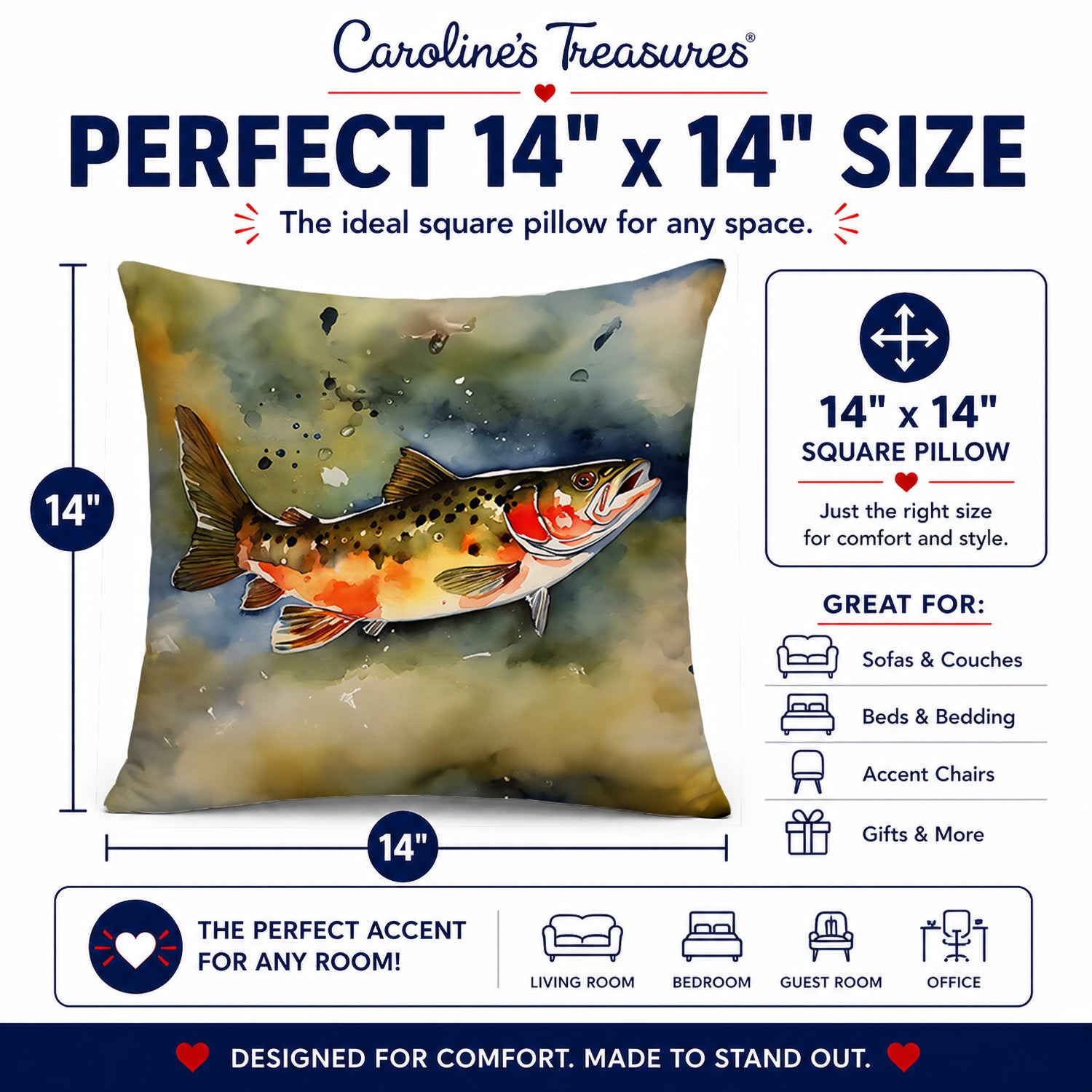 Brook Trout Decorative Throw Pillow 14x14 Indoor Outdoor Accent Cushion, Fabric Cover with Insert for Sofa, Bed, Porch & Living Room