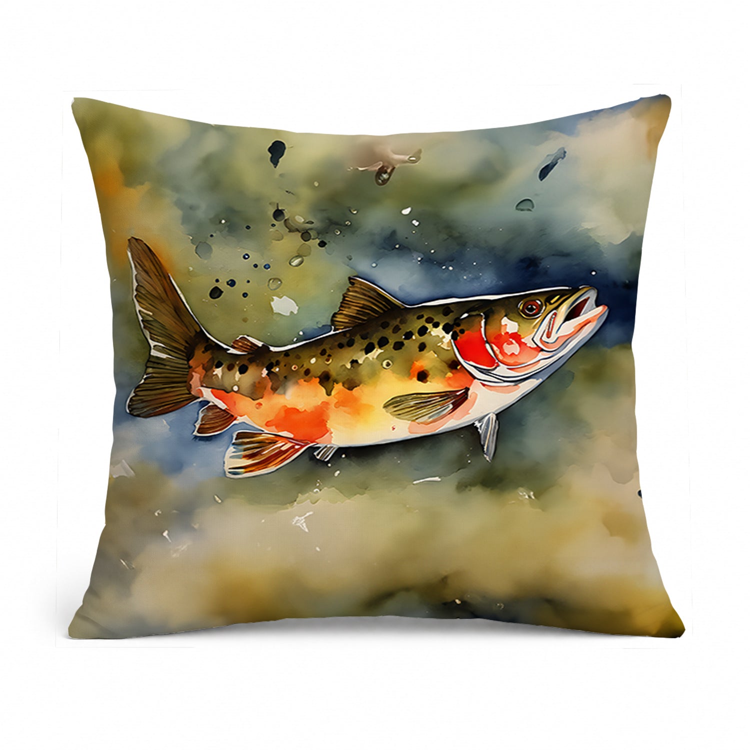 Brook Trout Decorative Throw Pillow 14x14 Indoor Outdoor Accent Cushion, Fabric Cover with Insert for Sofa, Bed, Porch & Living Room