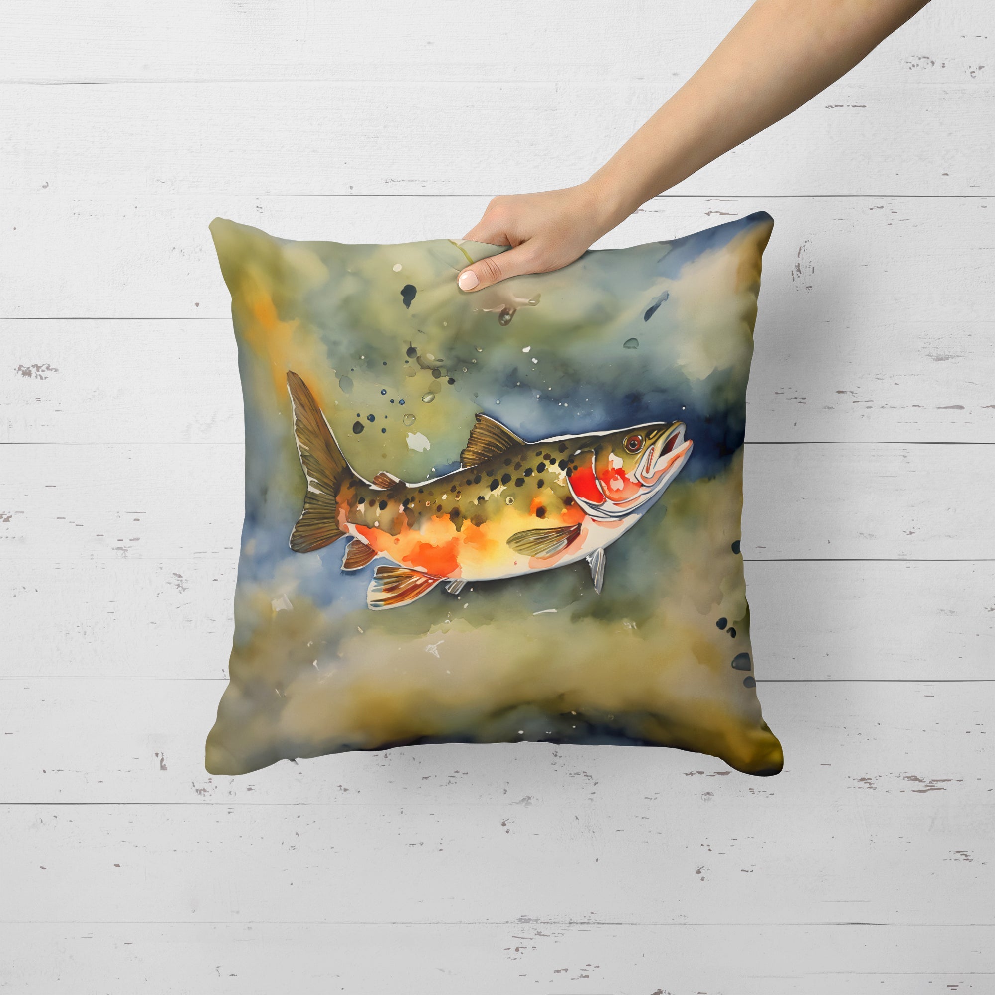 Brook Trout Decorative Throw Pillow 18x18 Indoor Outdoor Accent Cushion, Fabric Cover with Insert for Sofa, Bed, Porch & Living Room