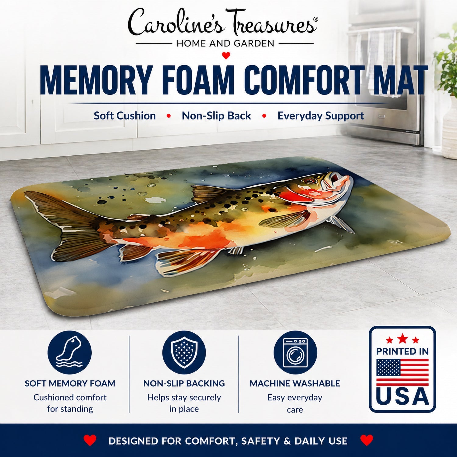 Brook Trout Memory Foam Kitchen Mat Machine Washable Anti-Fatigue Cushion Comfort Bath or Kitchen Rug