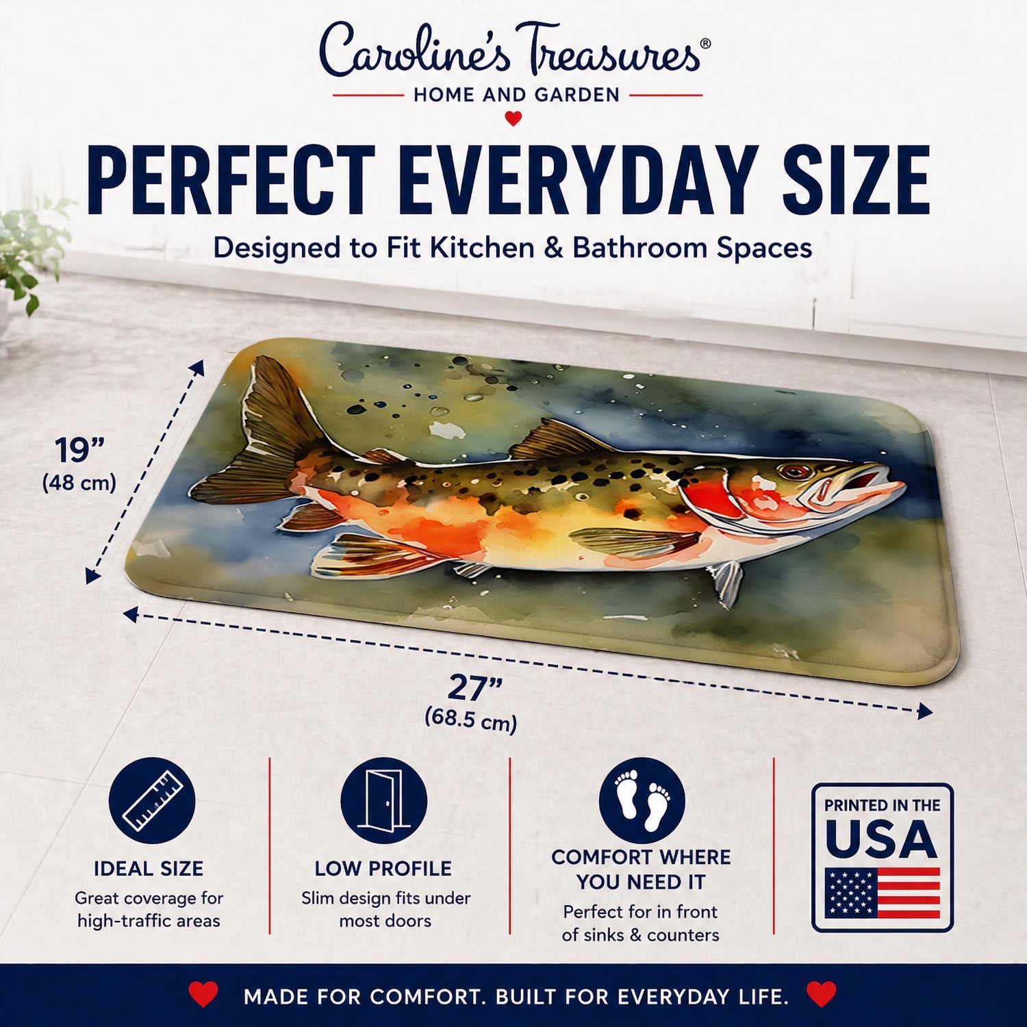 Brook Trout Memory Foam Kitchen Mat Machine Washable Anti-Fatigue Cushion Comfort Bath or Kitchen Rug