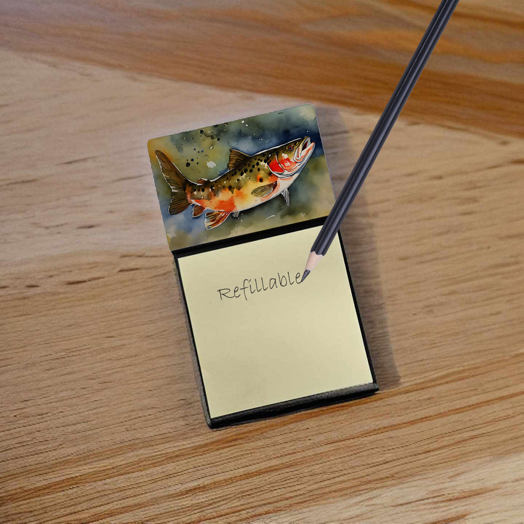 Brook Trout Watercolor Sticky Note Holder Refillable Dispenser Desk Accessory 3x3 Pad Gift