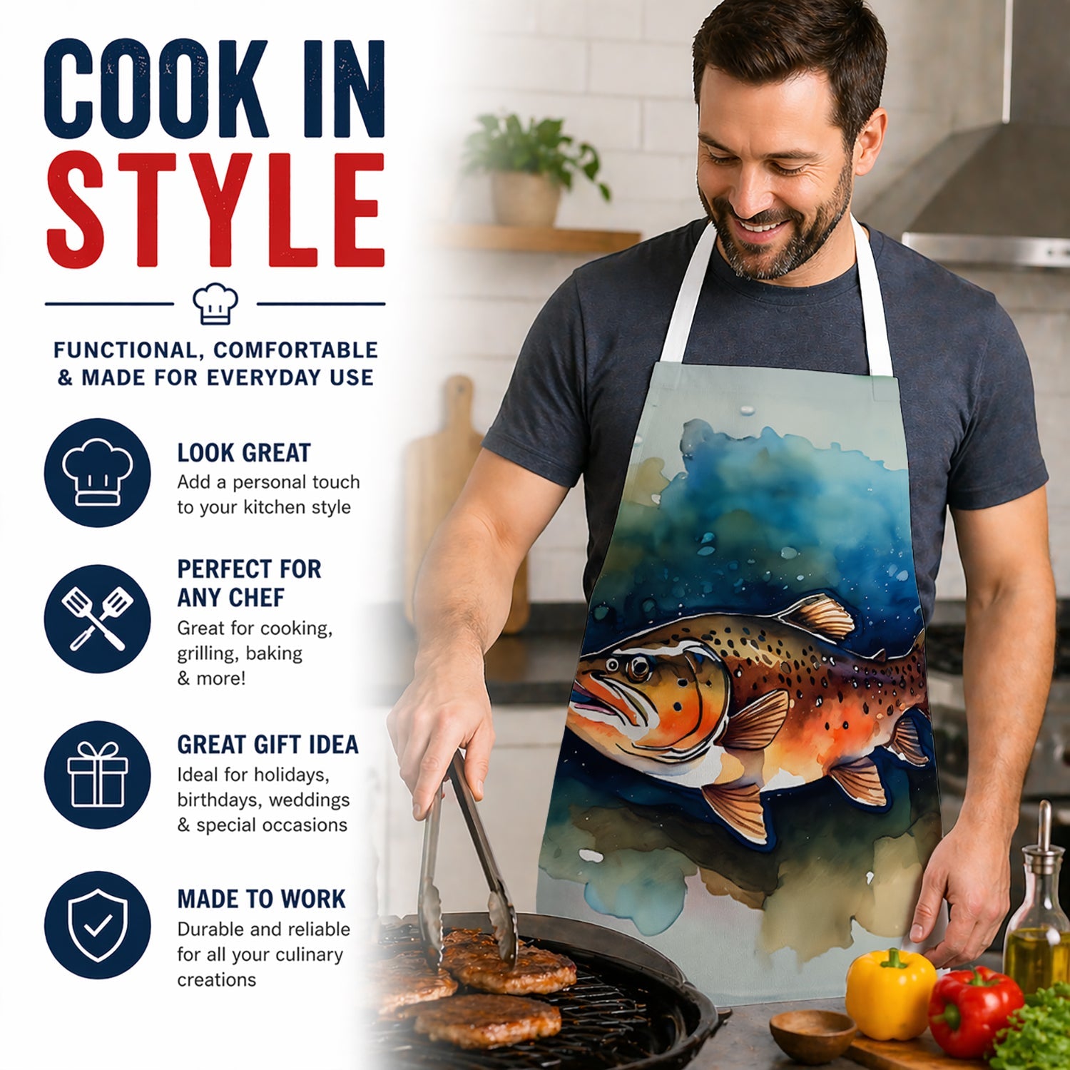 Brown Trout Apron Cooking Kitchen Server Baking Crafts Gardening for Adult Women Men, Unisex, Large, Multicolor