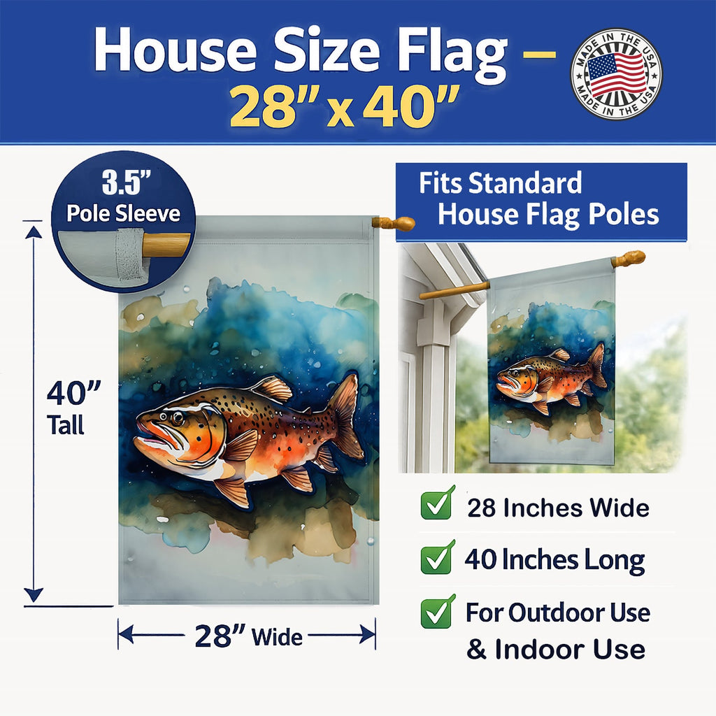 Brown Trout House Flag 28x40 Porch Sleeve Pole Decorative Outside Yard Banner Artwork Wall Hanging, Polyester