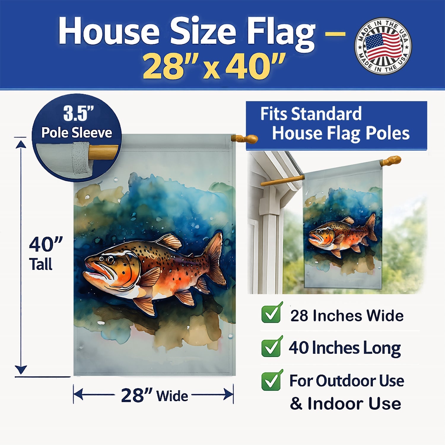 Brown Trout House Flag 28x40 Porch Sleeve Pole Decorative Outside Yard Banner Artwork Wall Hanging, Polyester