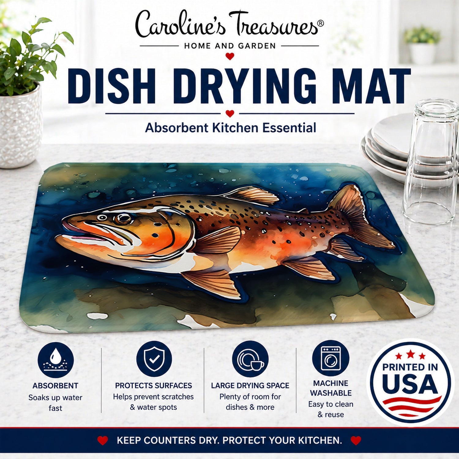 Brown Trout Dish Drying Mat Absorbent Dish Drying Mat Pad for Kitchen Counter Dish Drainer Mat for Countertop, 14 x 21", Multicolor