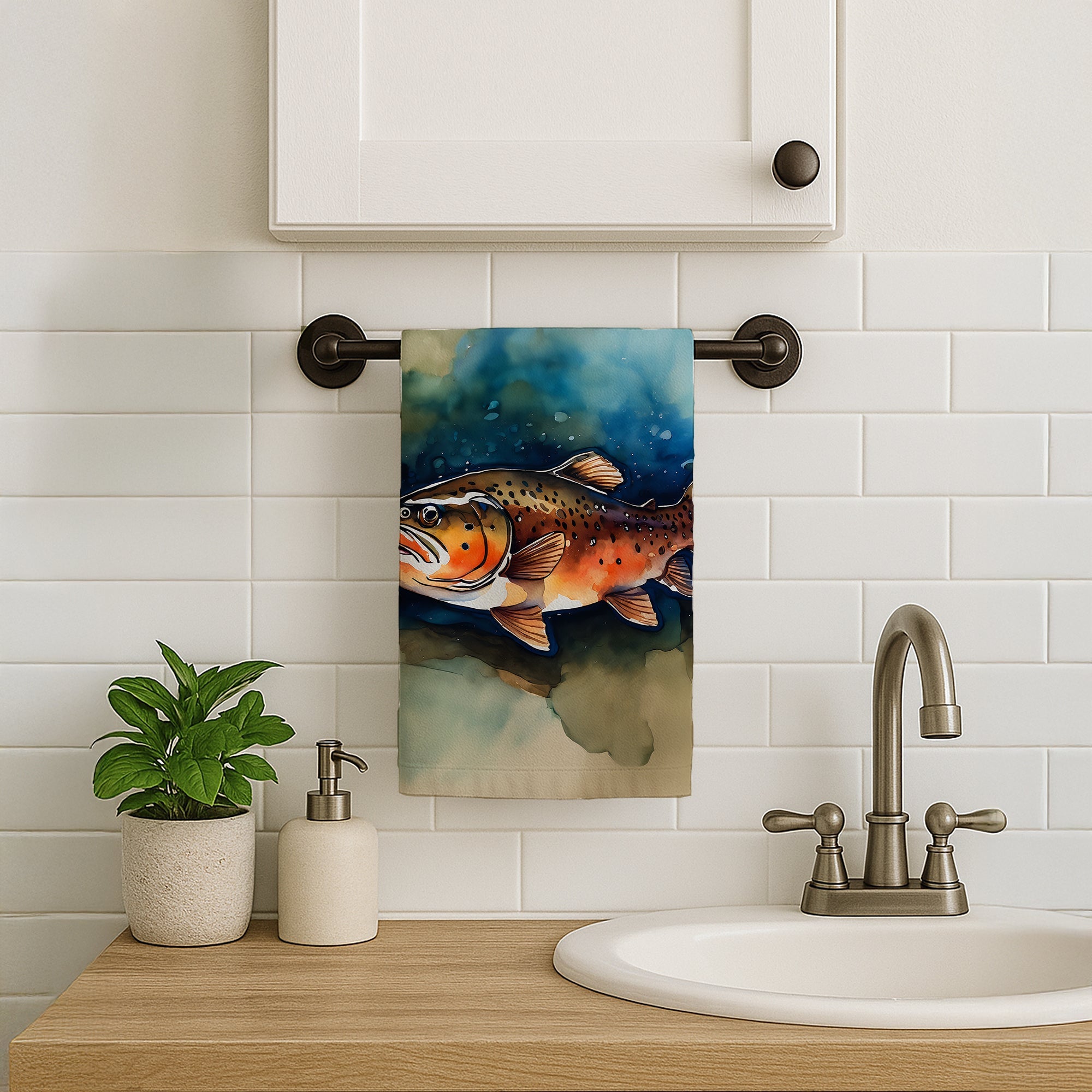 Brown Trout Kitchen Towel Velour Plush Front and Cotton Loop Back Machine Washable