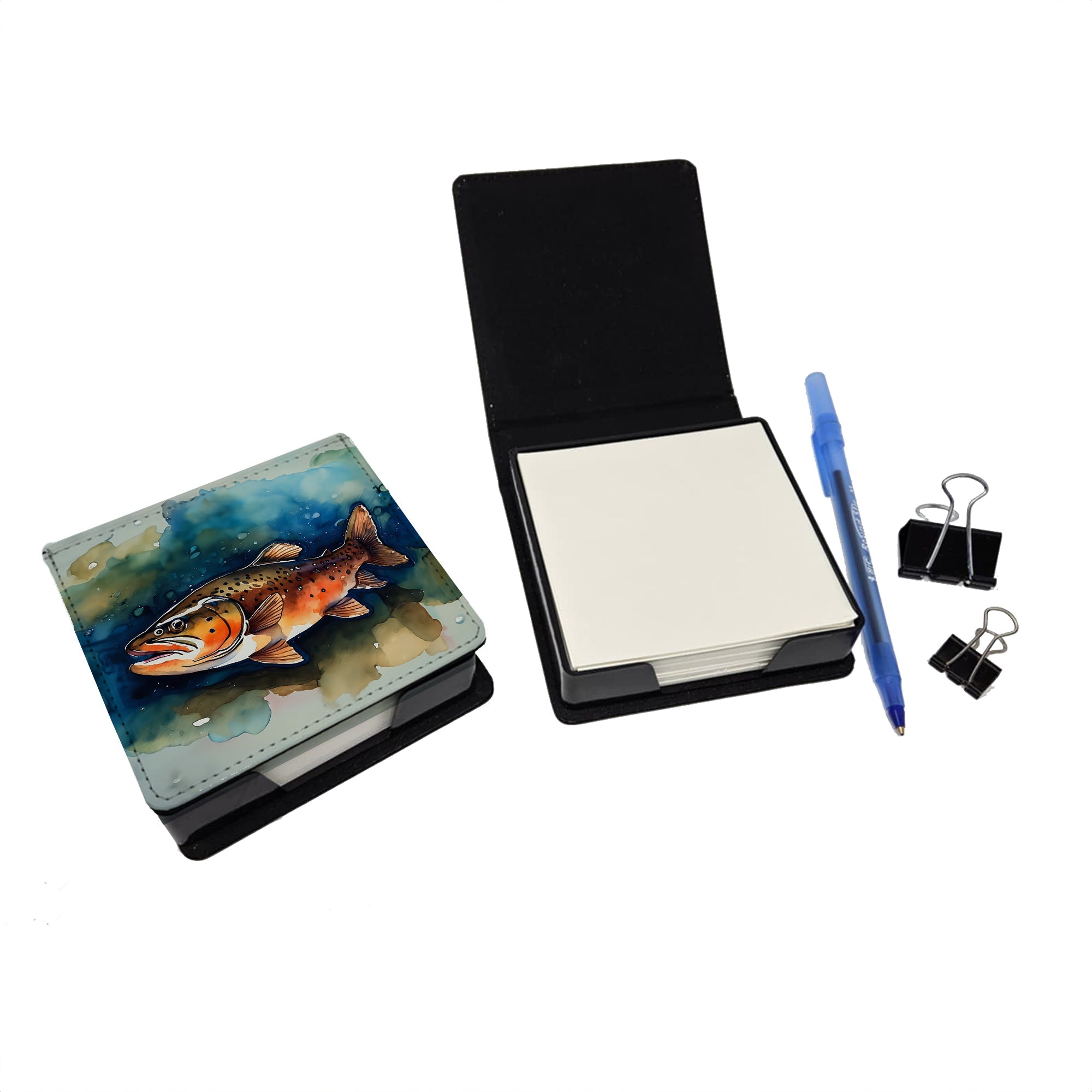 Brown Trout PU Leather Note Paper Holder with Artist-Designed Cover, Desk Accessory, Office Gift
