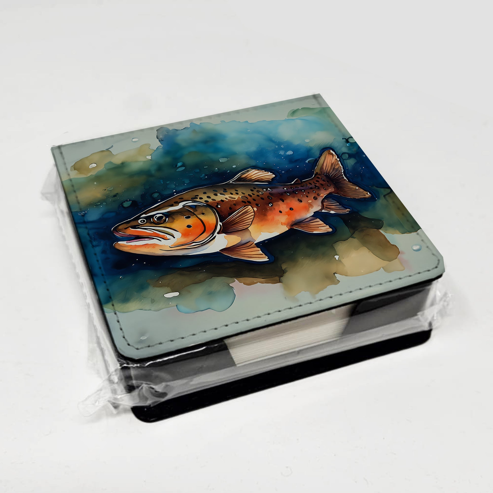 Brown Trout PU Leather Note Paper Holder with Artist-Designed Cover, Desk Accessory, Office Gift