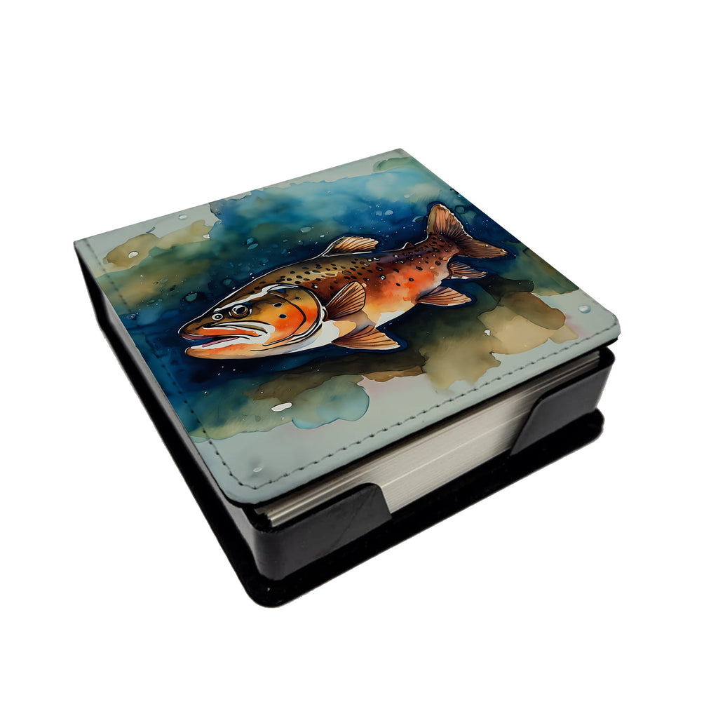 Brown Trout PU Leather Note Paper Holder with Artist-Designed Cover, Desk Accessory, Office Gift