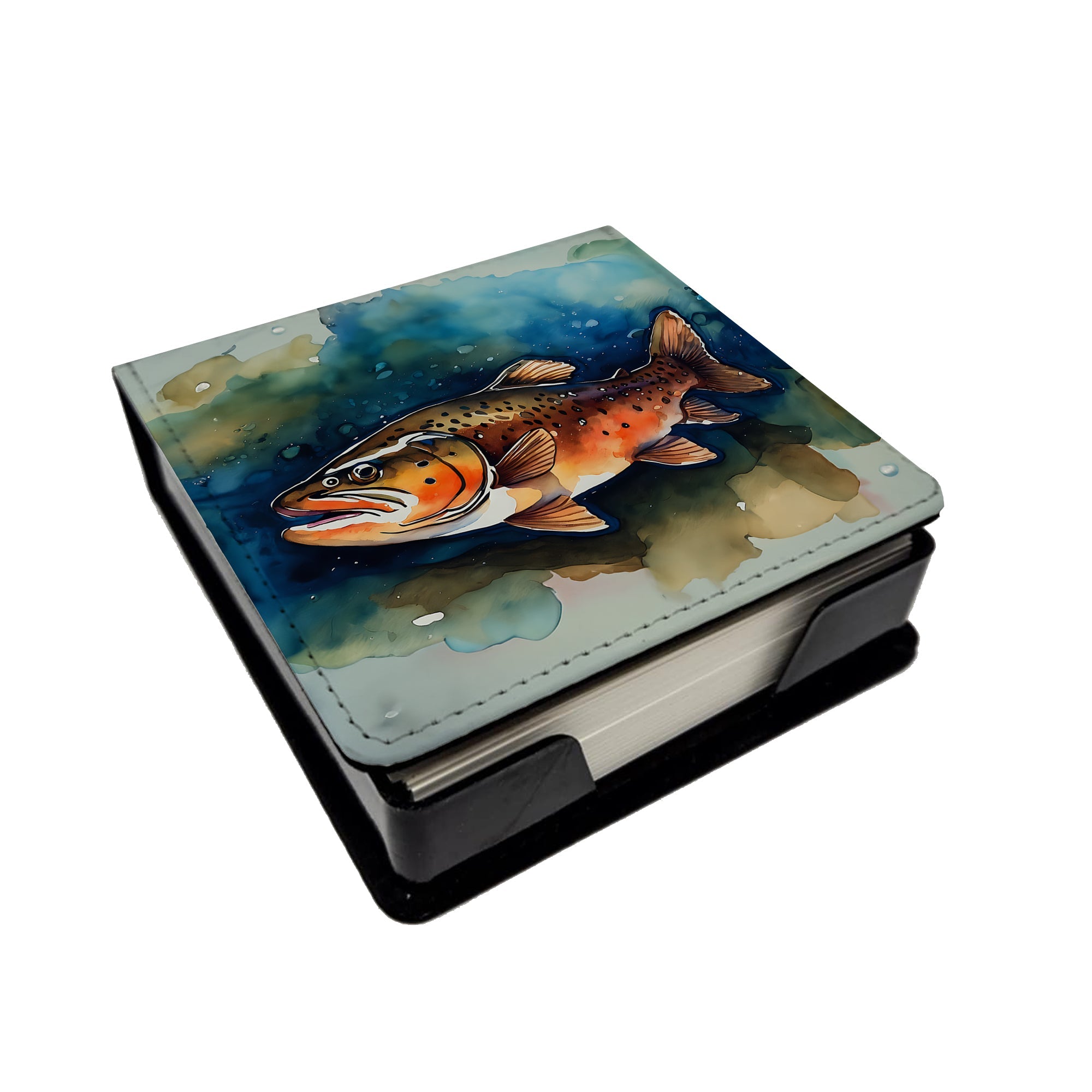 Brown Trout PU Leather Note Paper Holder with Artist-Designed Cover, Desk Accessory, Office Gift