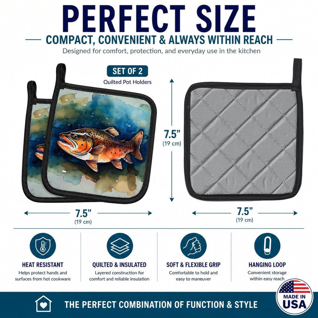 Brown Trout Pot Holder Set of 2 Heat Resistant Quilted Hot Pads 7.5 x 7.5 Inch, Insulated Kitchen Trivets for Cooking & Baking