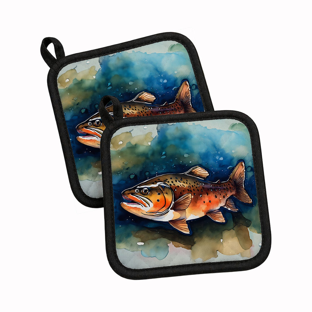 Brown Trout Pot Holder Set of 2 Heat Resistant Quilted Hot Pads 7.5 x 7.5 Inch, Insulated Kitchen Trivets for Cooking & Baking