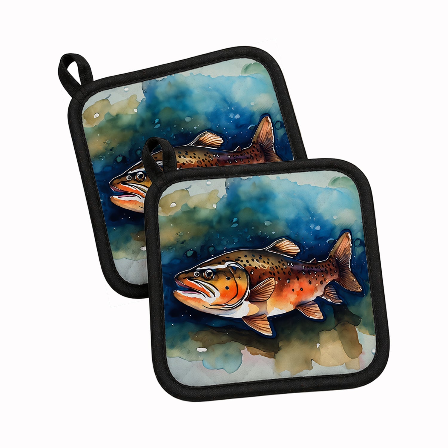 Brown Trout Pot Holder Set of 2 Heat Resistant Quilted Hot Pads 7.5 x 7.5 Inch, Insulated Kitchen Trivets for Cooking & Baking
