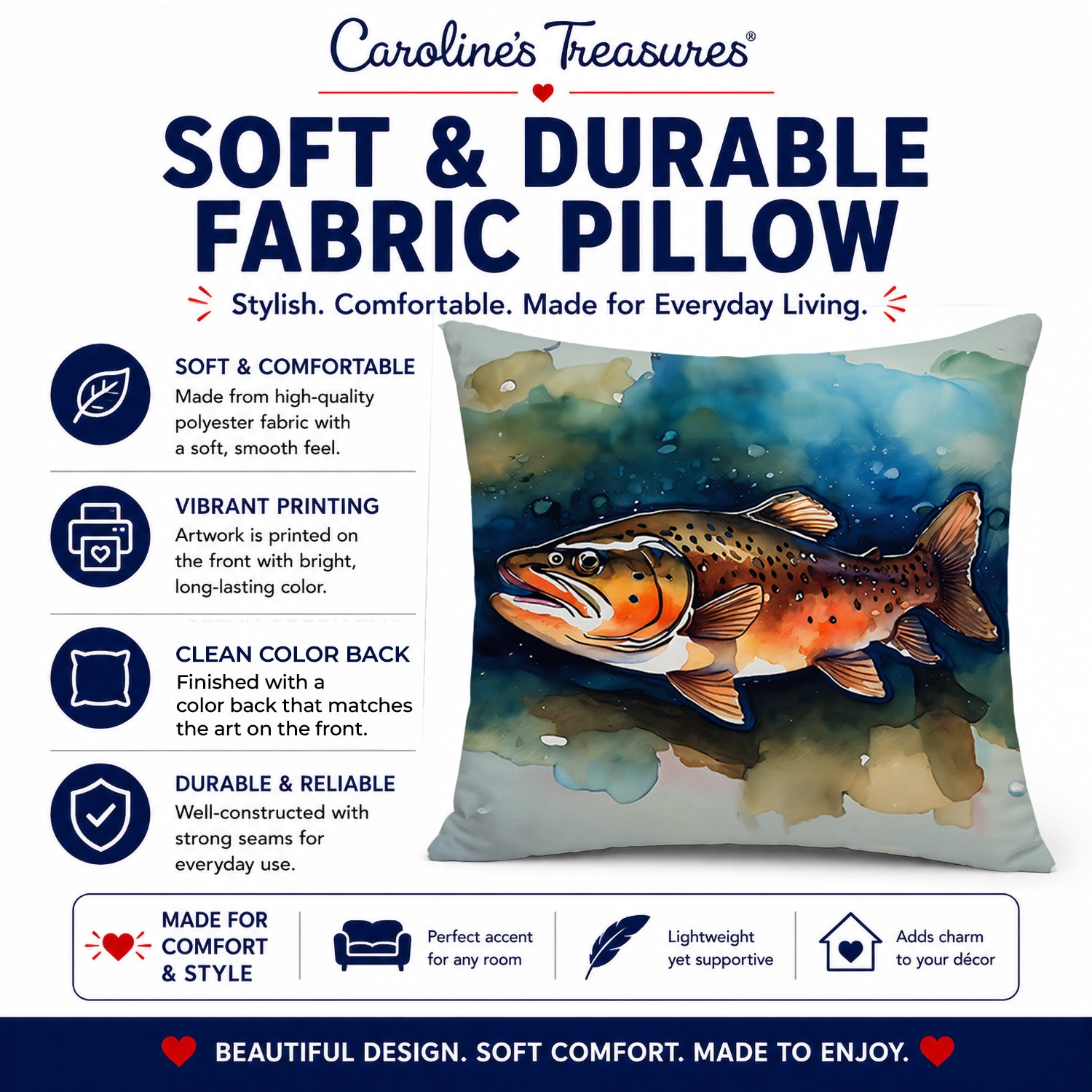 Brown Trout Decorative Throw Pillow 14x14 Indoor Outdoor Accent Cushion, Fabric Cover with Insert for Sofa, Bed, Porch & Living Room