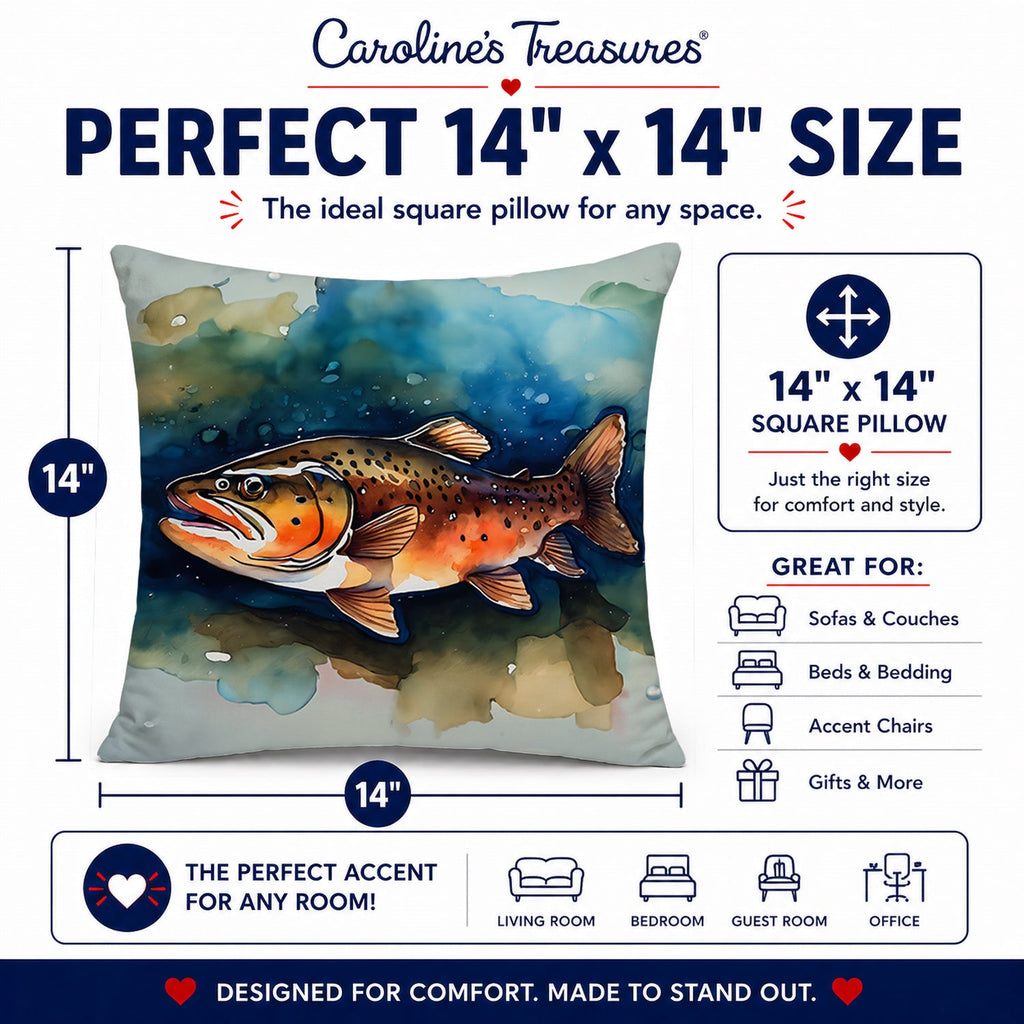 Brown Trout Decorative Throw Pillow 14x14 Indoor Outdoor Accent Cushion, Fabric Cover with Insert for Sofa, Bed, Porch & Living Room