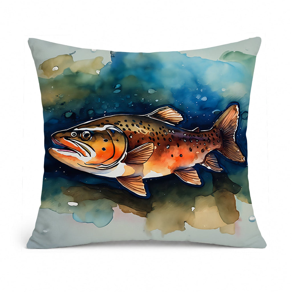 Brown Trout Decorative Throw Pillow 14x14 Indoor Outdoor Accent Cushion, Fabric Cover with Insert for Sofa, Bed, Porch & Living Room