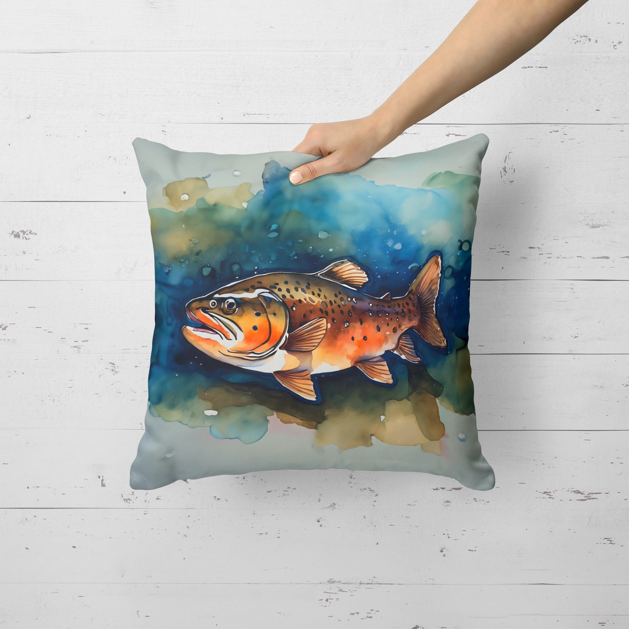 Brown Trout Decorative Throw Pillow 18x18 Indoor Outdoor Accent Cushion, Fabric Cover with Insert for Sofa, Bed, Porch & Living Room