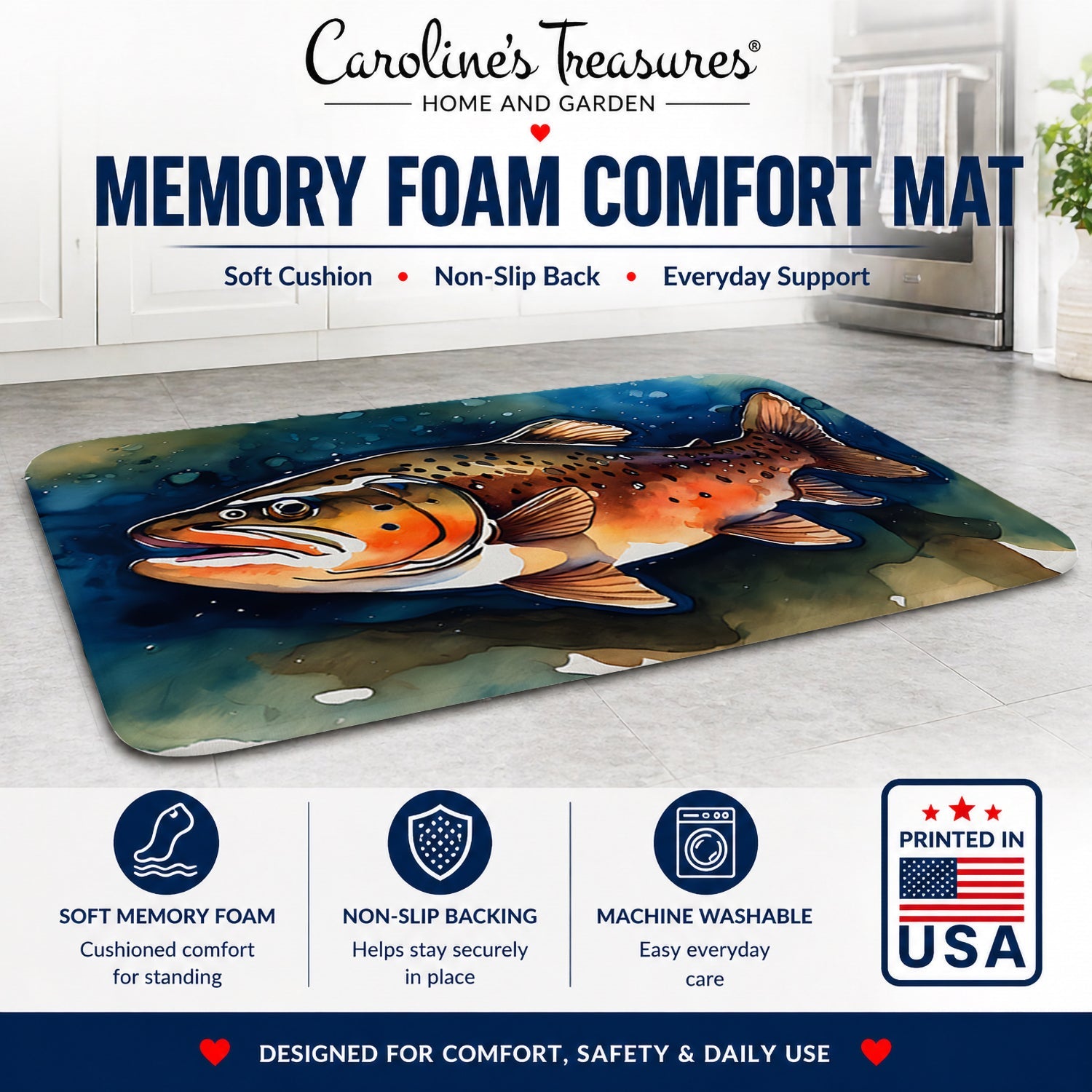 Brown Trout Memory Foam Kitchen Mat Machine Washable Anti-Fatigue Cushion Comfort Bath or Kitchen Rug