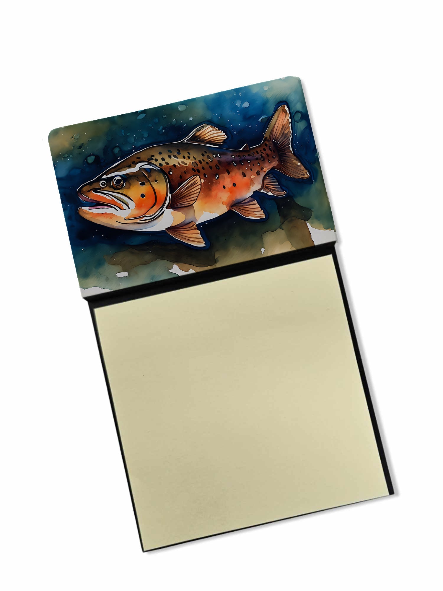 Brown Trout Watercolor Sticky Note Holder Refillable Dispenser Desk Accessory 3x3 Pad Gift