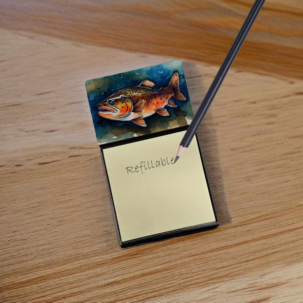 Brown Trout Watercolor Sticky Note Holder Refillable Dispenser Desk Accessory 3x3 Pad Gift