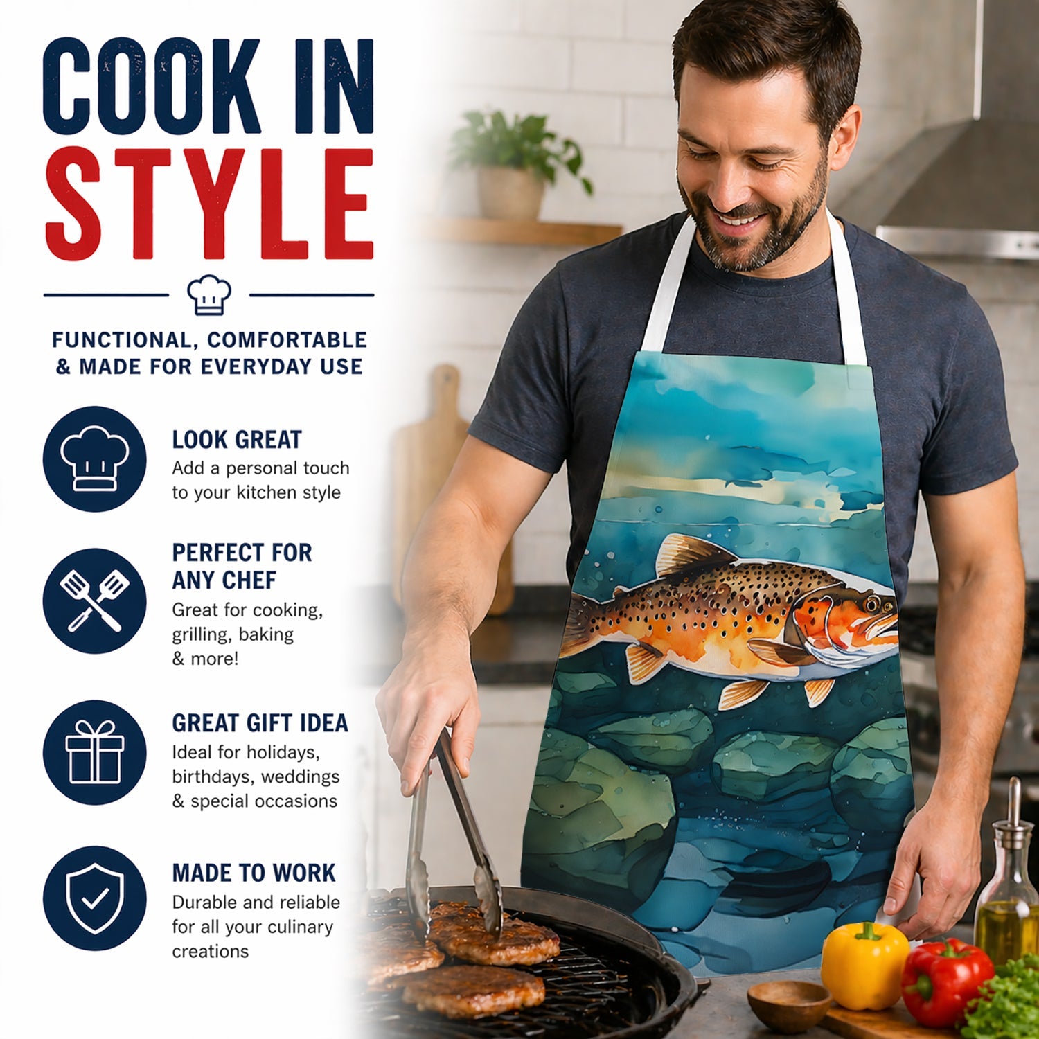 Brown Trout Apron Cooking Kitchen Server Baking Crafts Gardening for Adult Women Men, Unisex, Large, Multicolor