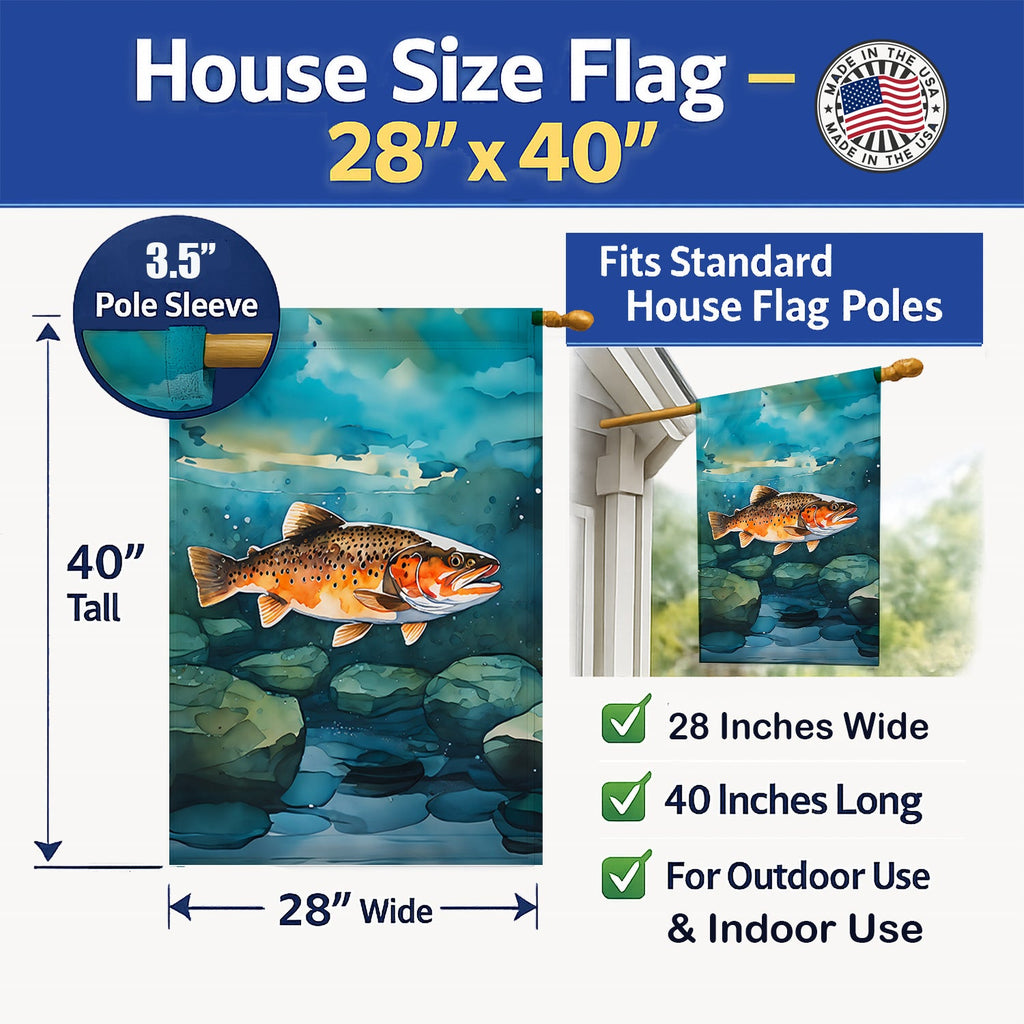 Brown Trout House Flag 28x40 Porch Sleeve Pole Decorative Outside Yard Banner Artwork Wall Hanging, Polyester