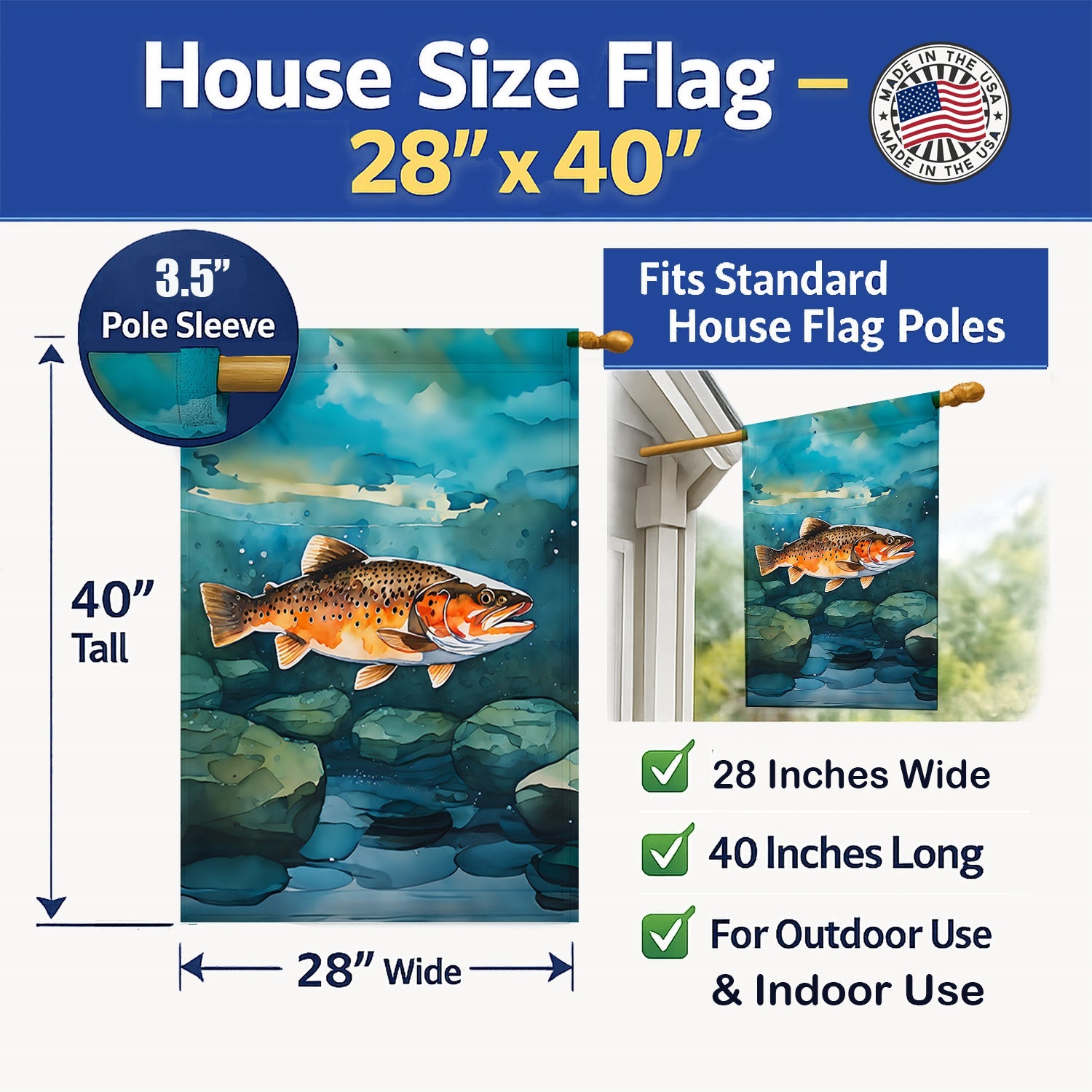 Brown Trout House Flag 28x40 Porch Sleeve Pole Decorative Outside Yard Banner Artwork Wall Hanging, Polyester