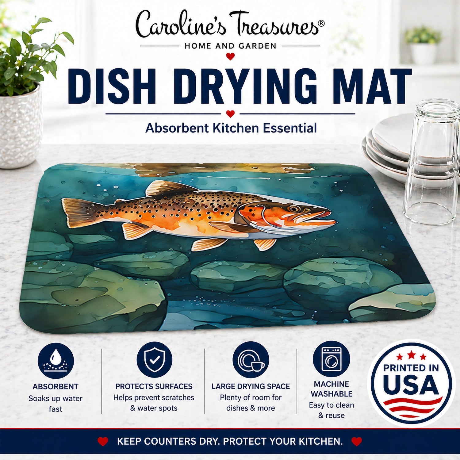Brown Trout Dish Drying Mat Absorbent Dish Drying Mat Pad for Kitchen Counter Dish Drainer Mat for Countertop, 14 x 21", Multicolor