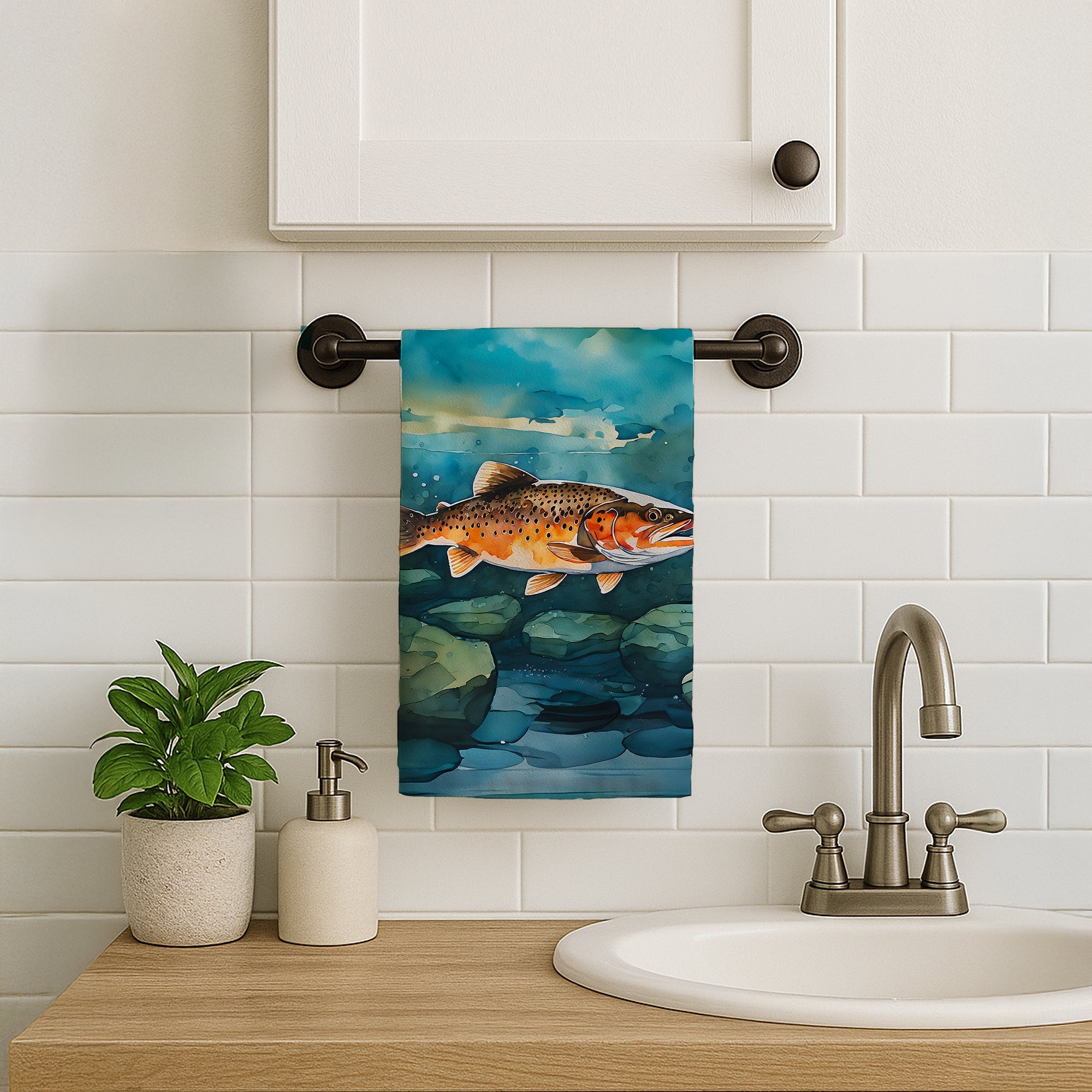 Brown Trout Kitchen Towel Velour Plush Front and Cotton Loop Back Machine Washable