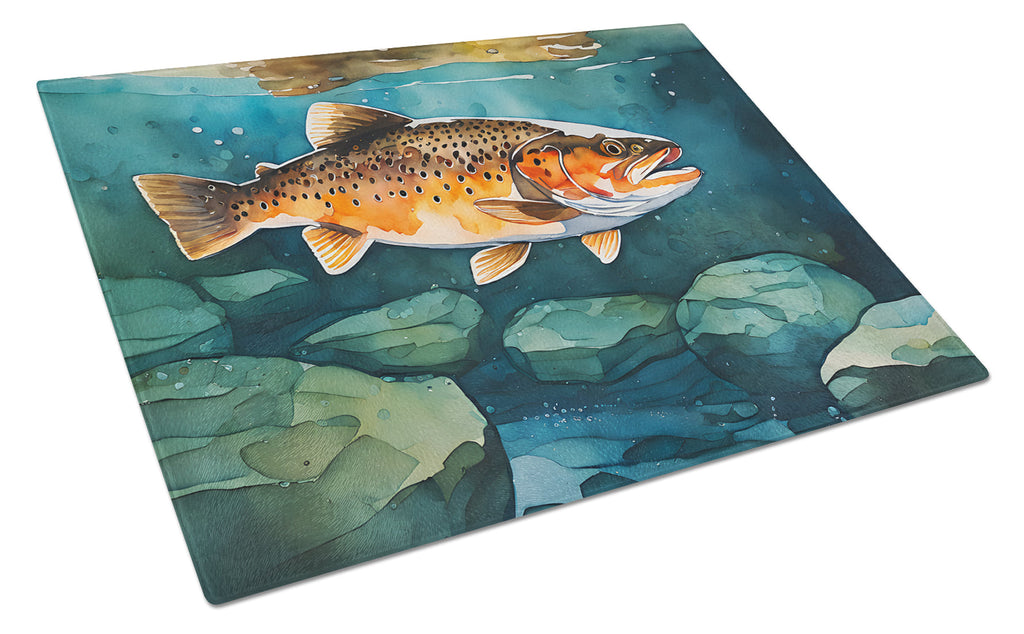 Brown Trout Cutting Board Tempered Glass Kitchen Cutting Surface, Heat Resistant Chopping, Non-Slip Feet, Food Prep & Serving