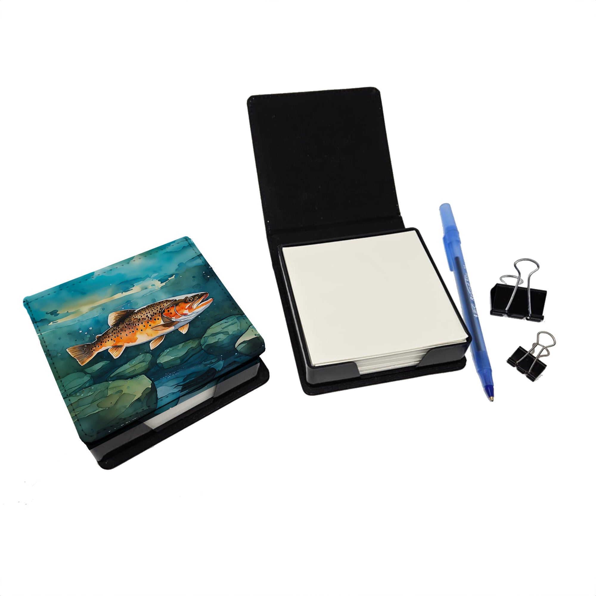 Brown Trout PU Leather Note Paper Holder with Artist-Designed Cover, Desk Accessory, Office Gift