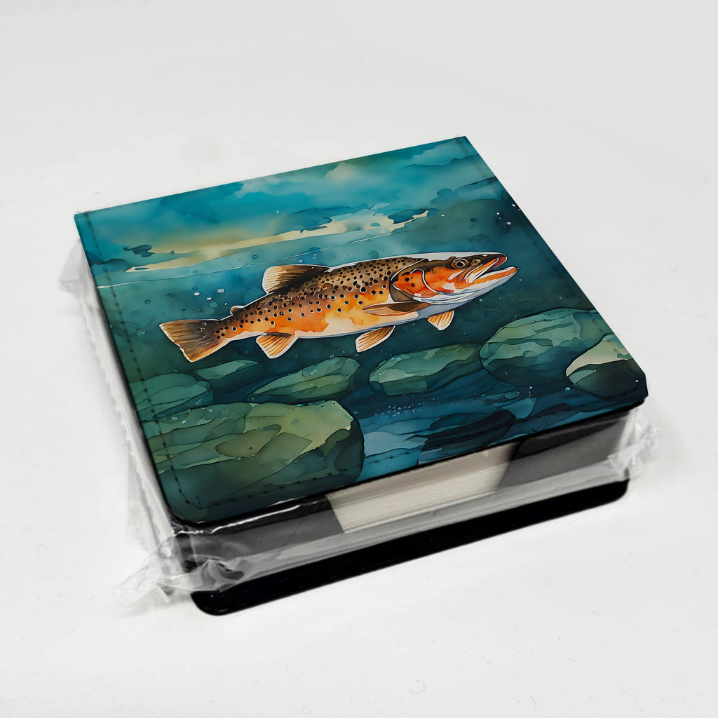 Brown Trout PU Leather Note Paper Holder with Artist-Designed Cover, Desk Accessory, Office Gift