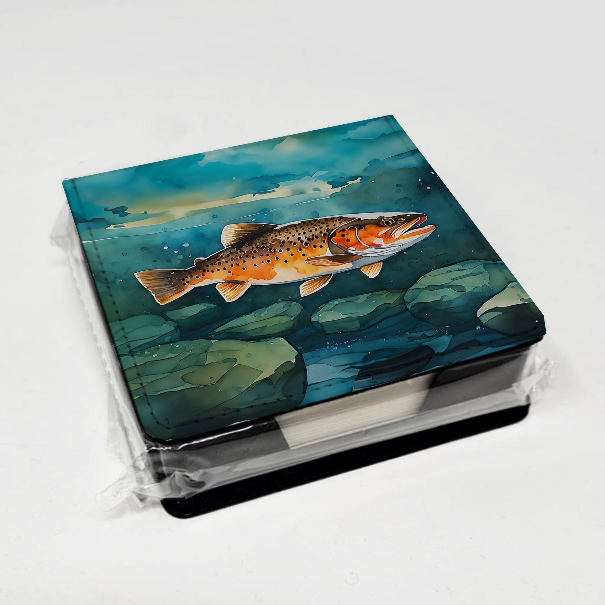 Brown Trout PU Leather Note Paper Holder with Artist-Designed Cover, Desk Accessory, Office Gift